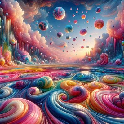 The primary subject of the image is a vibrant and colorful painting featuring a variety of objects, such as balls, balloons, and other decorative elements. The setting is a cloudy sky, which serves as the backdrop for the painting. The visual style is a digital art or illustration, showcasing a creative and imaginative atmosphere. The dominant colors in the painting are pink, blue, and yellow, creating a lively and cheerful mood.